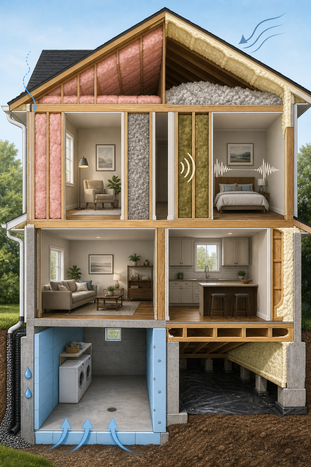 Cross-section of a house showing insulation, airflow, and soundproofing in the walls, roof, and basement
